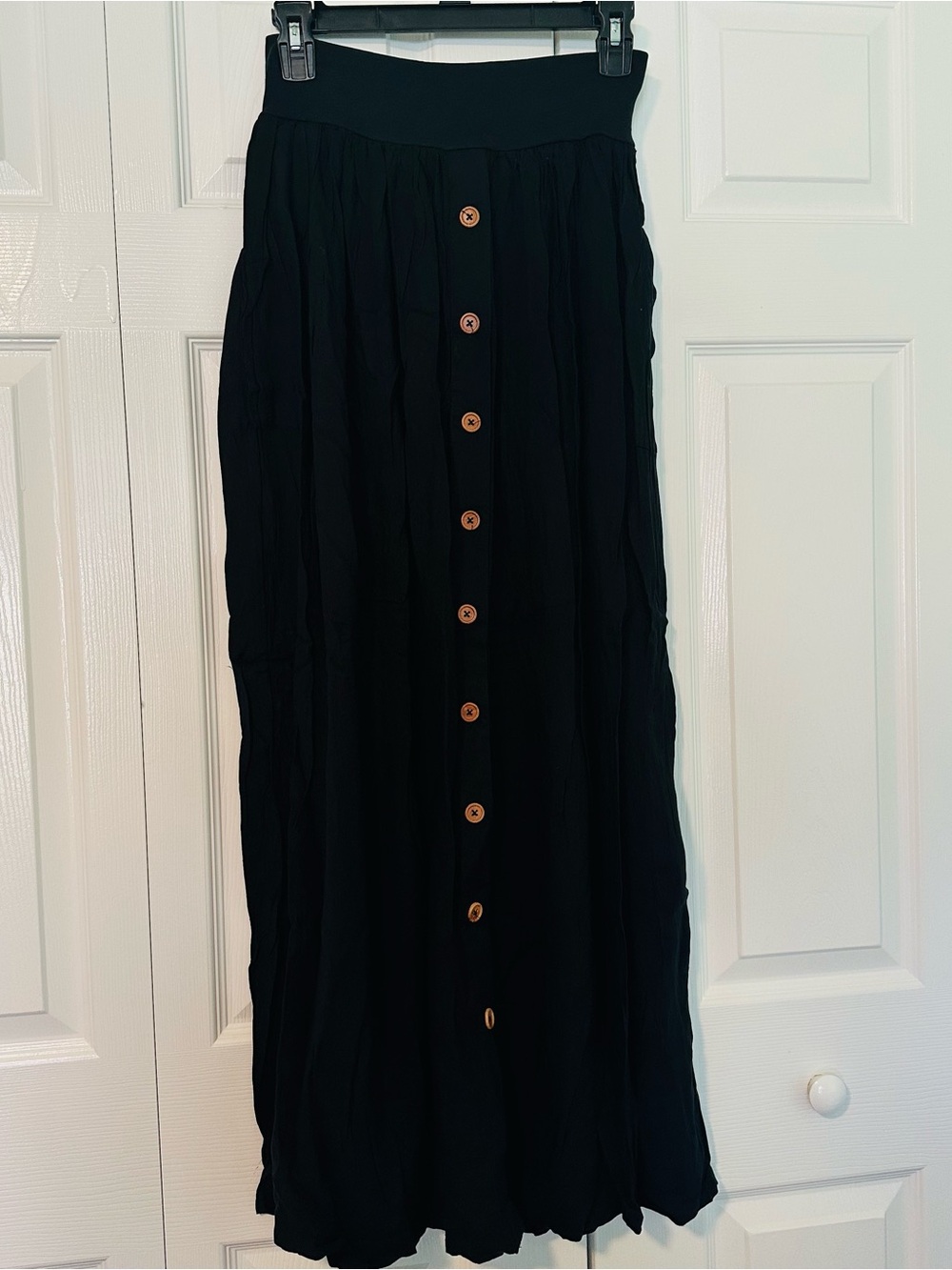 Matilda Jane Black Maxi Skirt with Wood-Tone Buttons